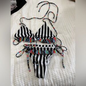 SHEIN Black and White Striped Bikini with Multicolor Accents